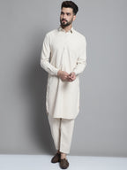 Jompers Men's Cream Cotton Solid Pathani Kurta with Salwar | Grocsy