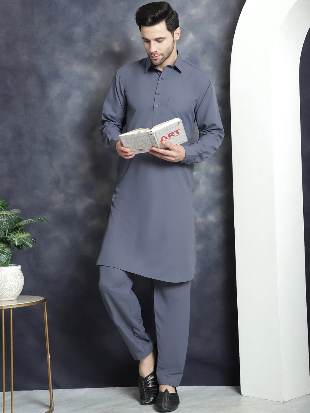 Jompers Men's Solid Pathani Kurta with Salwar - Grey | Grocsy
