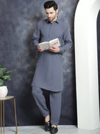 Jompers Men's Solid Pathani Kurta with Salwar - Grey | Grocsy