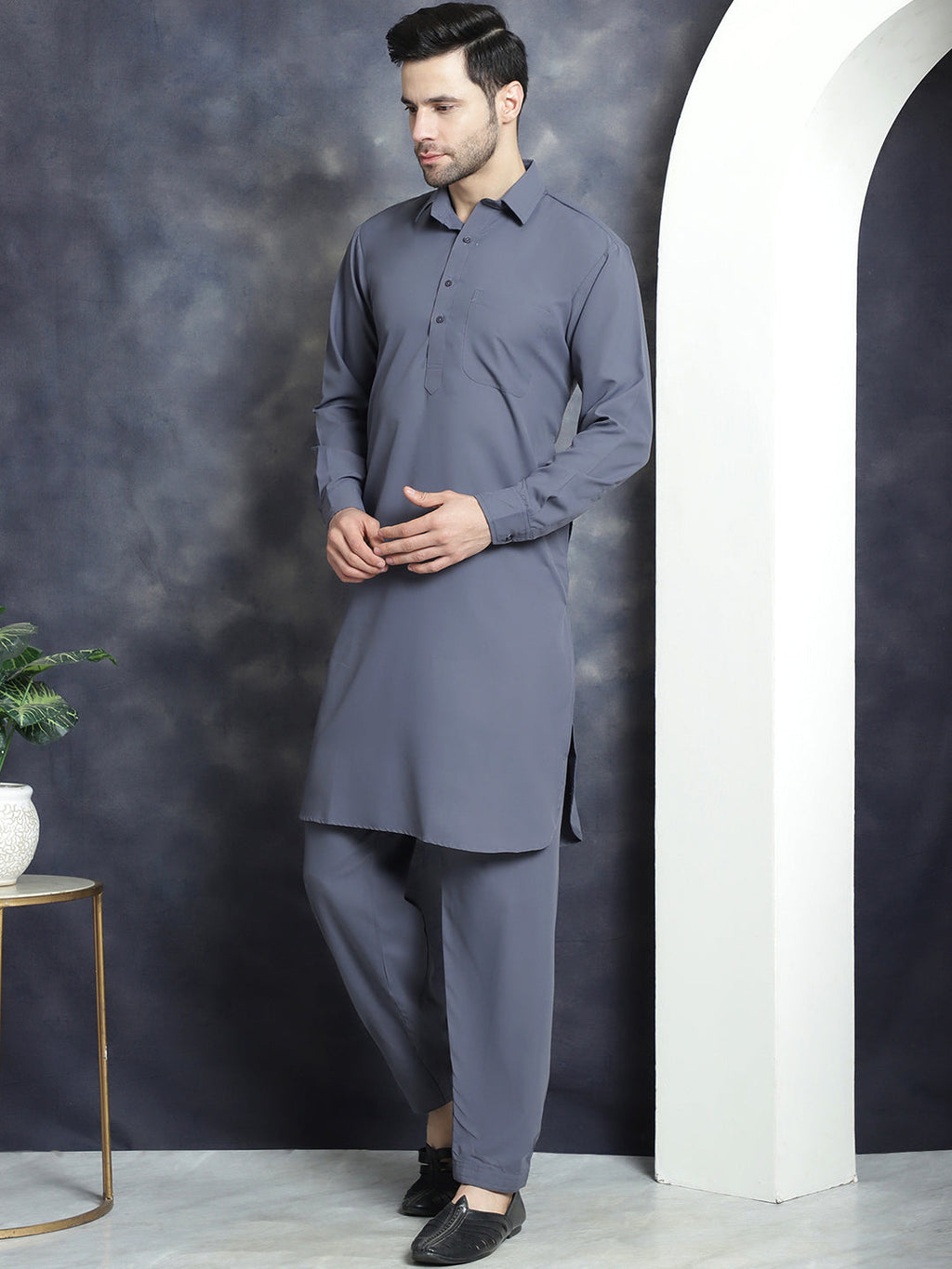 Jompers Men's Solid Pathani Kurta with Salwar - Grey | Grocsy