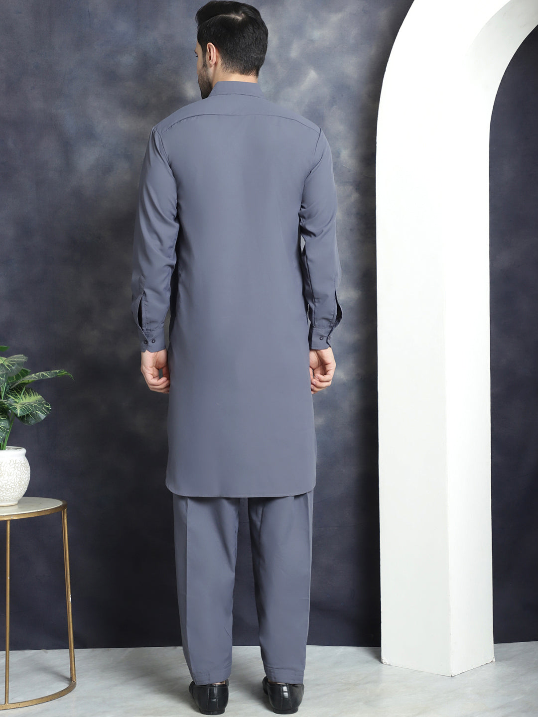 Jompers Men's Solid Pathani Kurta with Salwar - Grey | Grocsy