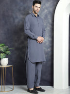 Jompers Men's Solid Pathani Kurta with Salwar - Grey | Grocsy