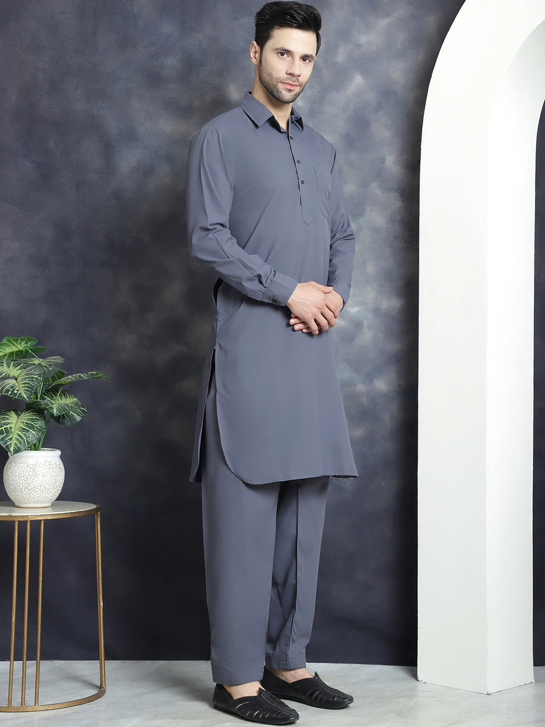 Jompers Men's Solid Pathani Kurta with Salwar - Grey | Grocsy