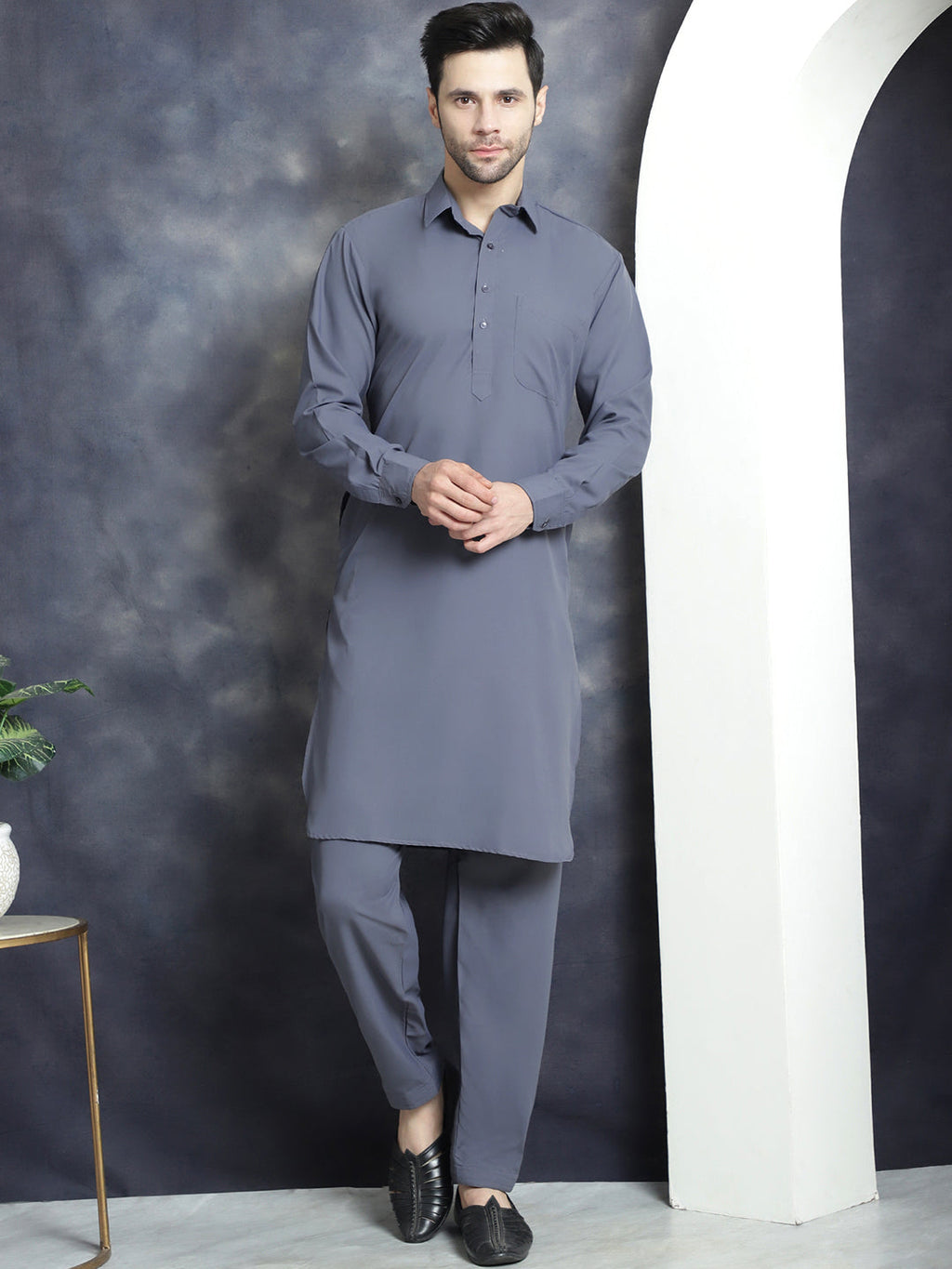 Jompers Men's Solid Pathani Kurta with Salwar - Grey | Grocsy