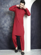 Jompers Men's Solid Pathani Kurta with Salwar - Maroon | Grocsy