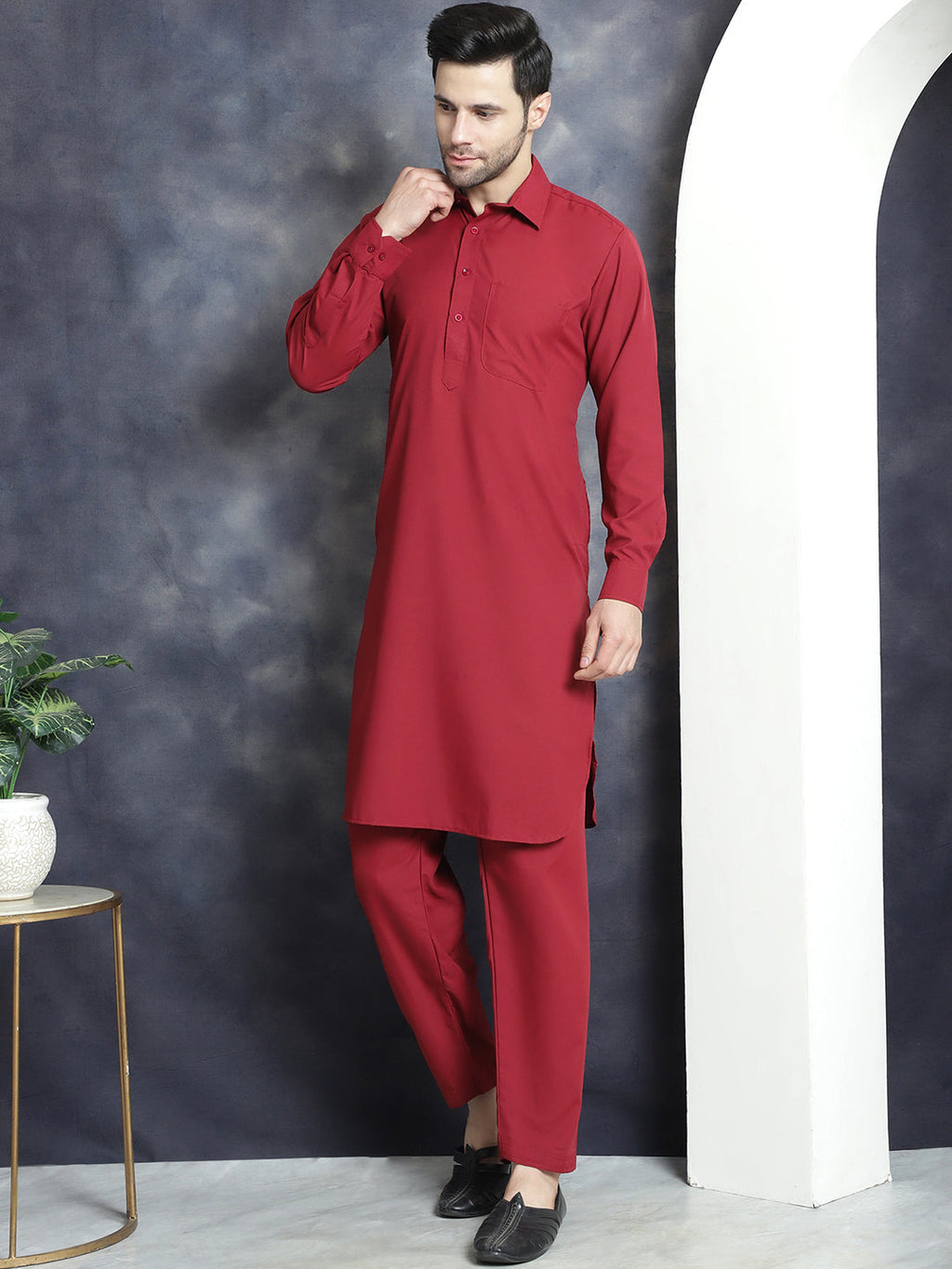 Jompers Men's Solid Pathani Kurta with Salwar - Maroon | Grocsy