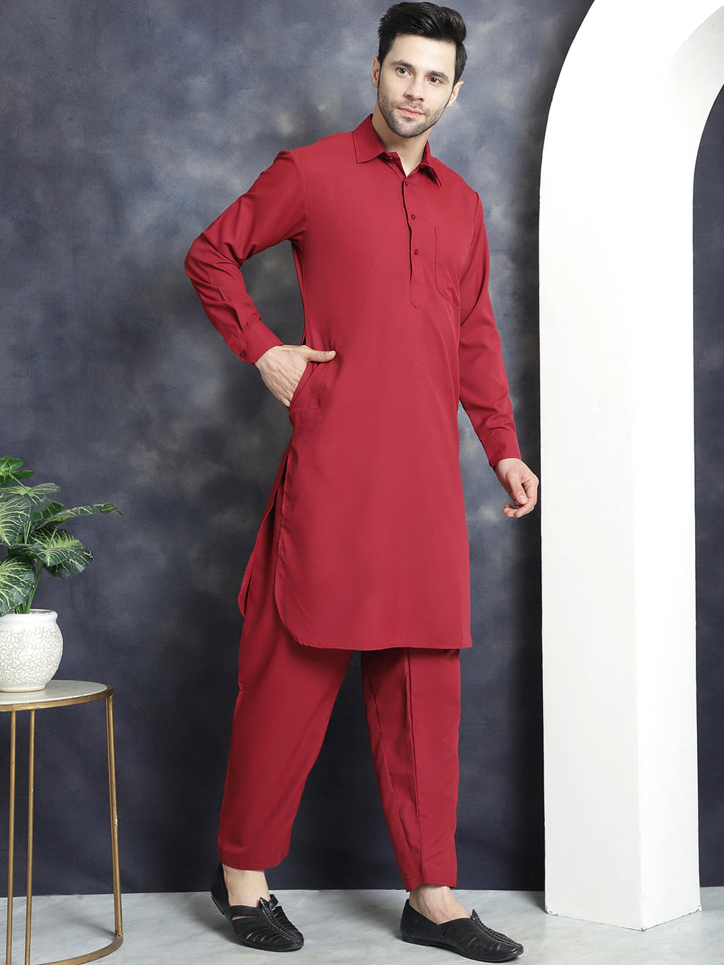 Jompers Men's Solid Pathani Kurta with Salwar - Maroon | Grocsy