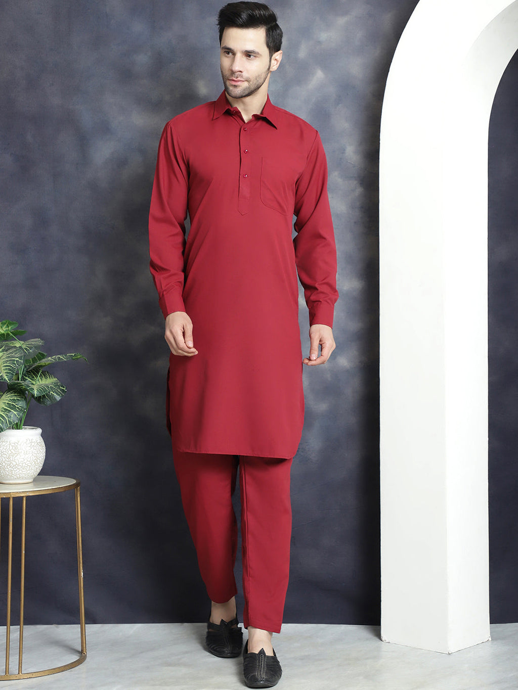 Jompers Men's Solid Pathani Kurta with Salwar - Maroon | Grocsy