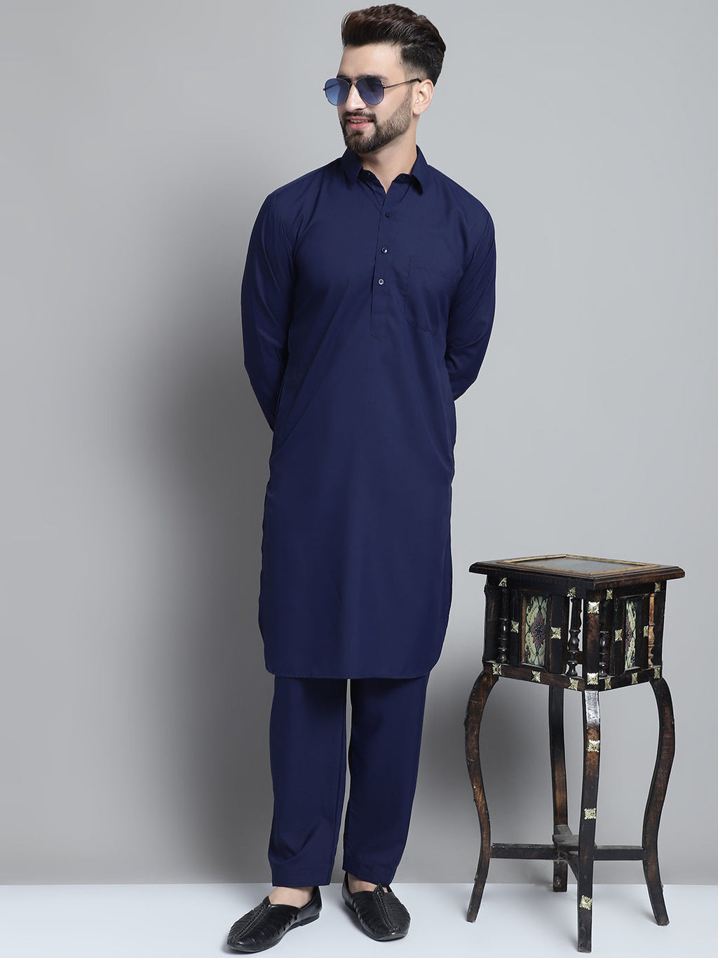 Jompers Men's Navy Blue Cotton Solid Pathani Kurta with Salwar | Grocsy