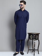 Jompers Men's Navy Blue Cotton Solid Pathani Kurta with Salwar | Grocsy
