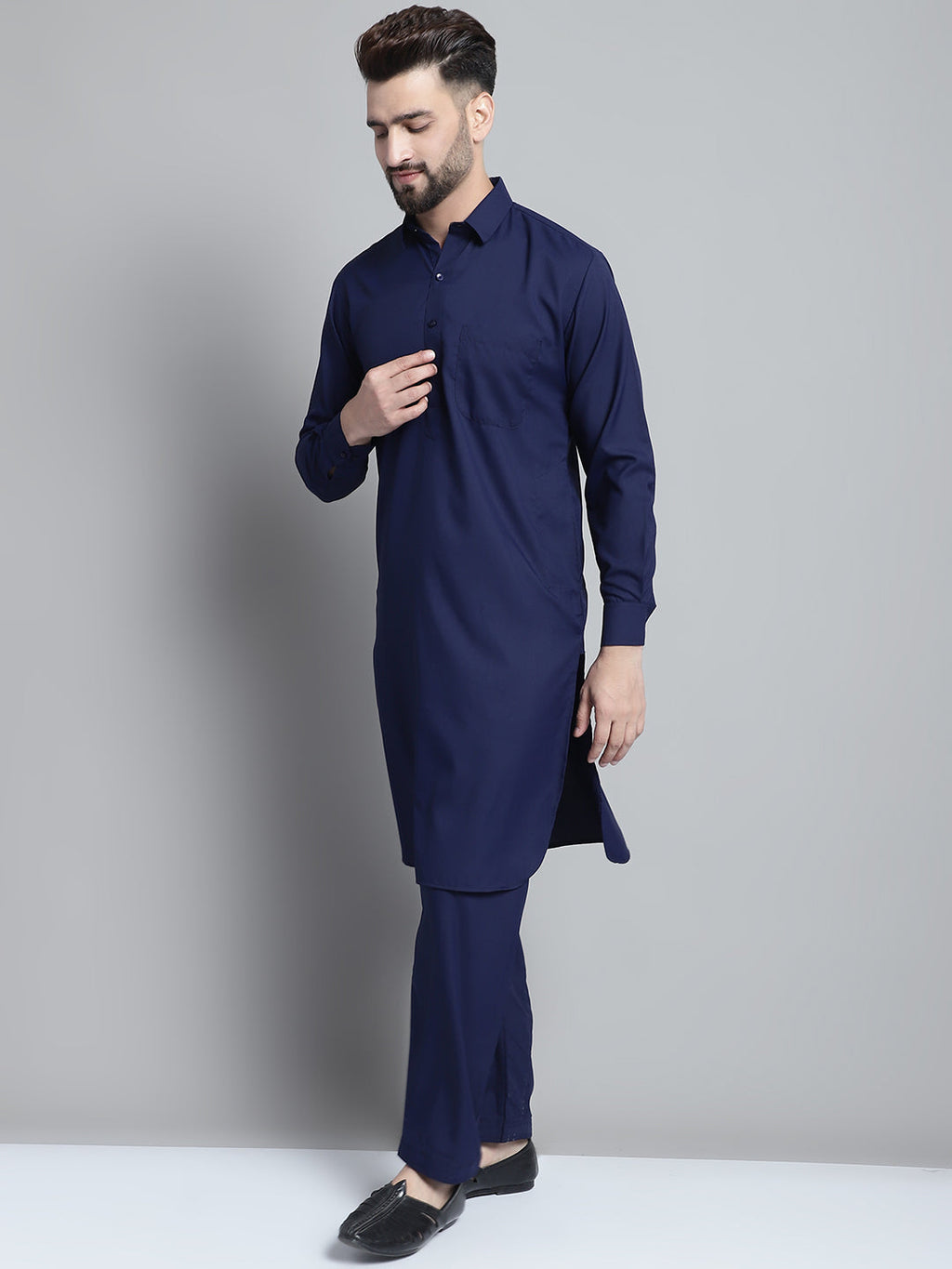 Jompers Men's Navy Blue Cotton Solid Pathani Kurta with Salwar | Grocsy