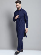 Jompers Men's Navy Blue Cotton Solid Pathani Kurta with Salwar | Grocsy