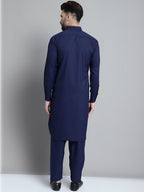 Jompers Men's Navy Blue Cotton Solid Pathani Kurta with Salwar | Grocsy