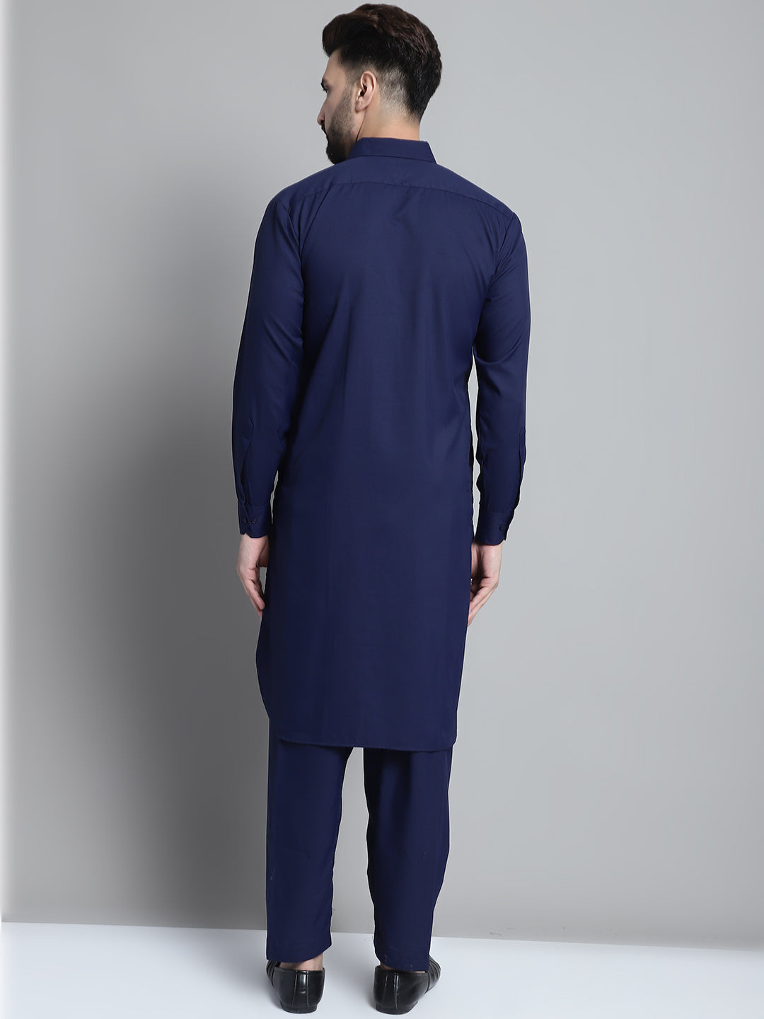 Jompers Men's Navy Blue Cotton Solid Pathani Kurta with Salwar | Grocsy