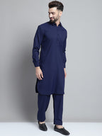 Jompers Men's Navy Blue Cotton Solid Pathani Kurta with Salwar | Grocsy
