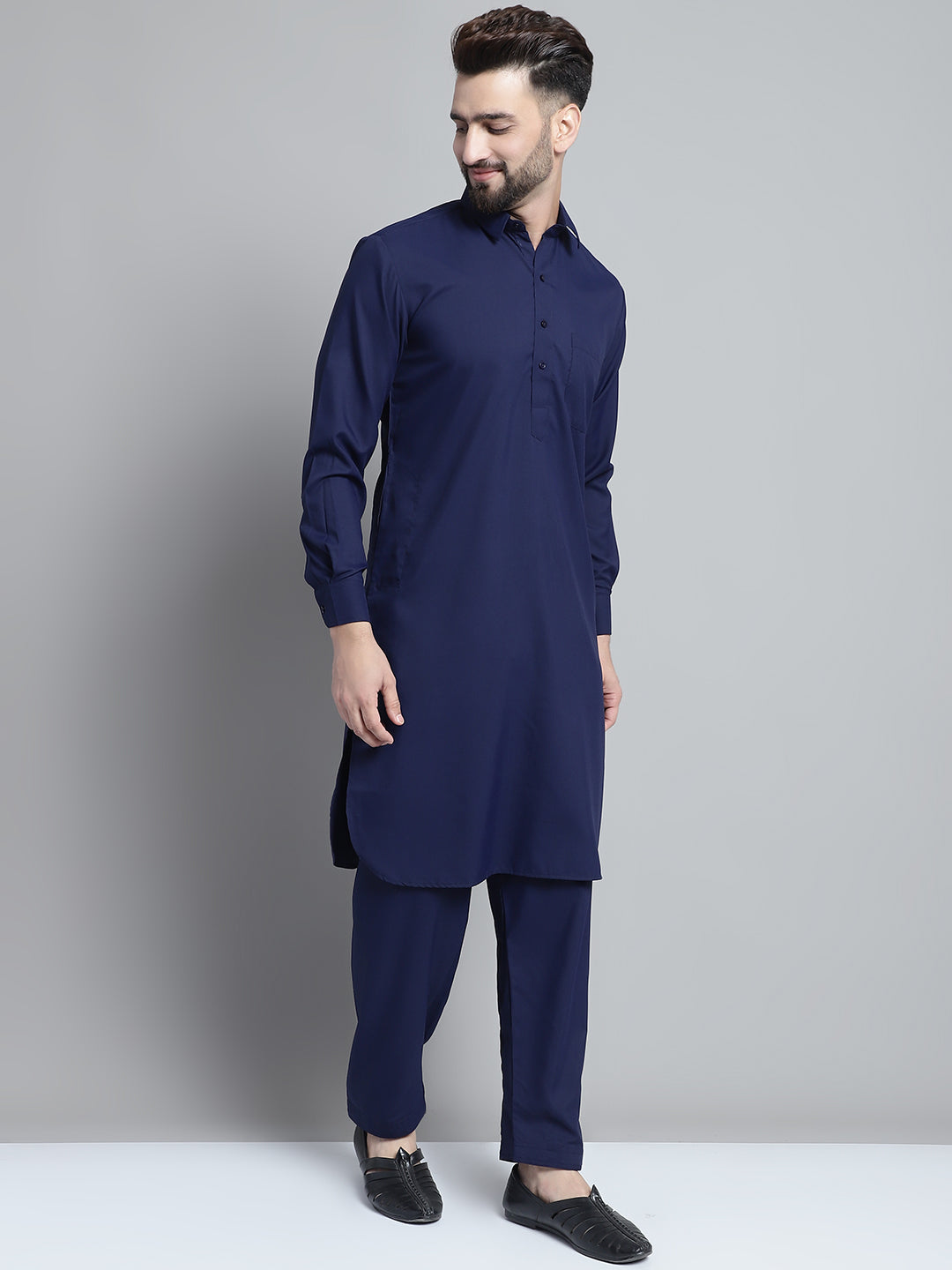 Jompers Men's Navy Blue Cotton Solid Pathani Kurta with Salwar | Grocsy