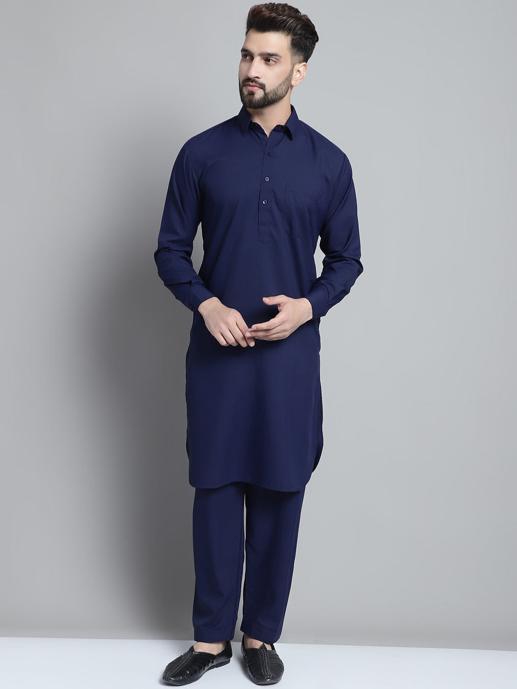 Jompers Men's Navy Blue Cotton Solid Pathani Kurta with Salwar | Grocsy