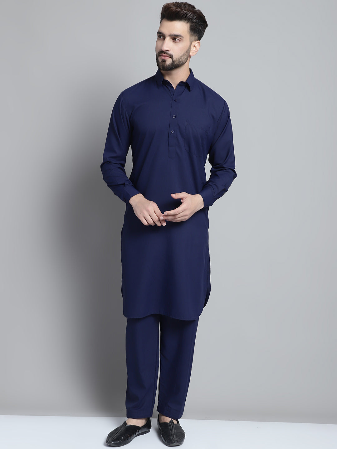 Jompers Men's Navy Blue Cotton Solid Pathani Kurta with Salwar | Grocsy
