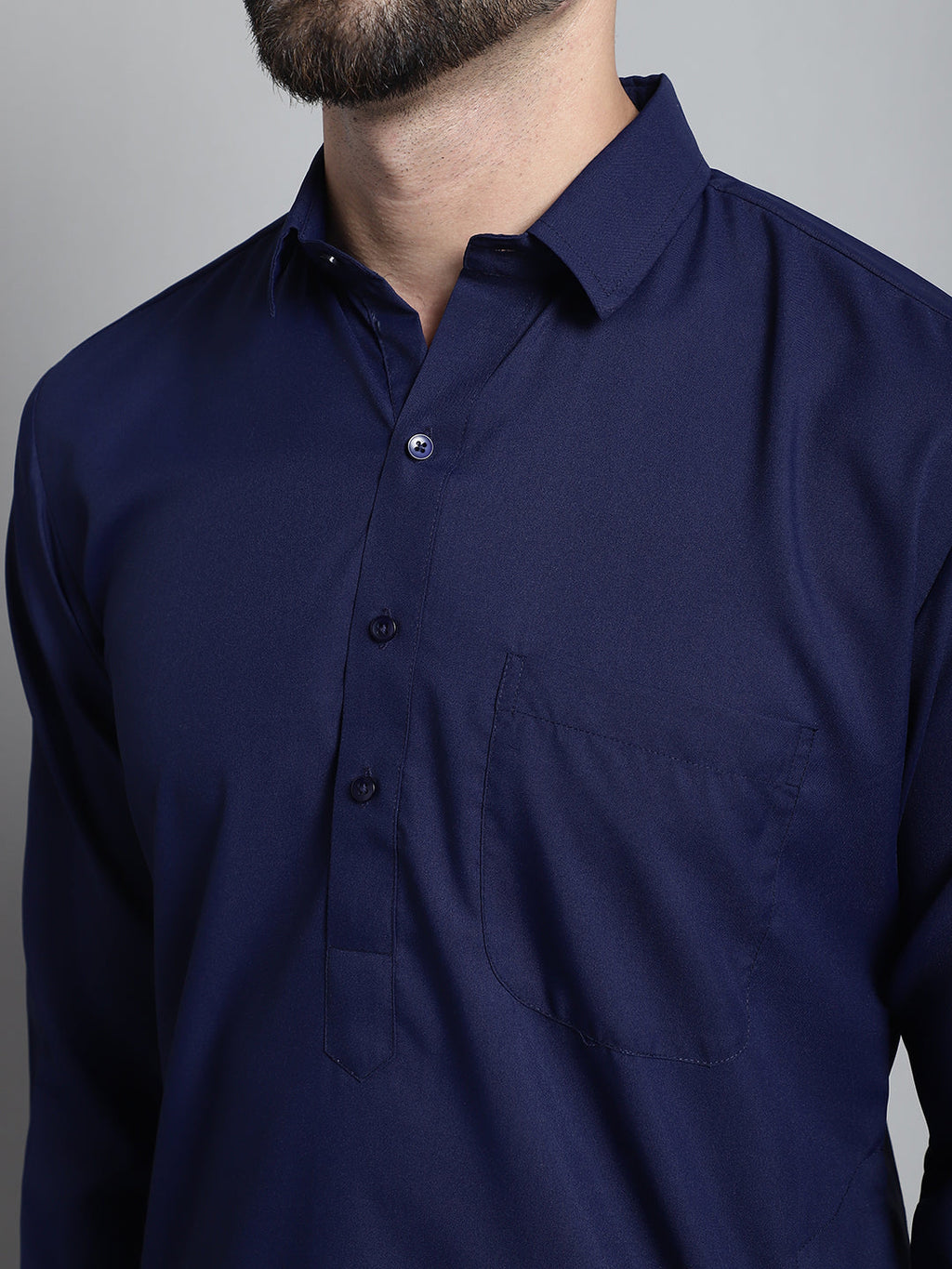 Jompers Men's Navy Blue Cotton Solid Pathani Kurta with Salwar | Grocsy