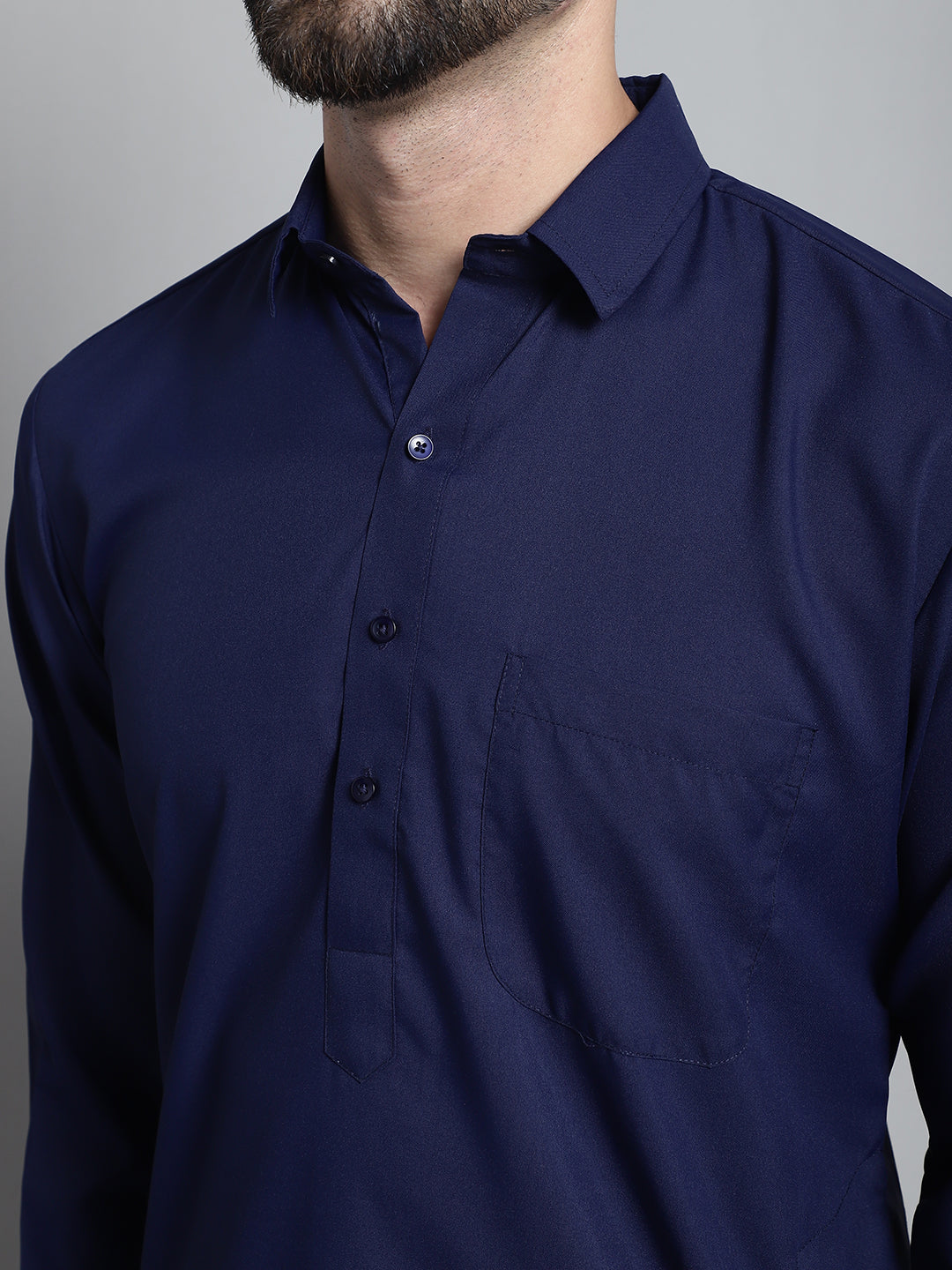 Jompers Men's Navy Blue Cotton Solid Pathani Kurta with Salwar | Grocsy