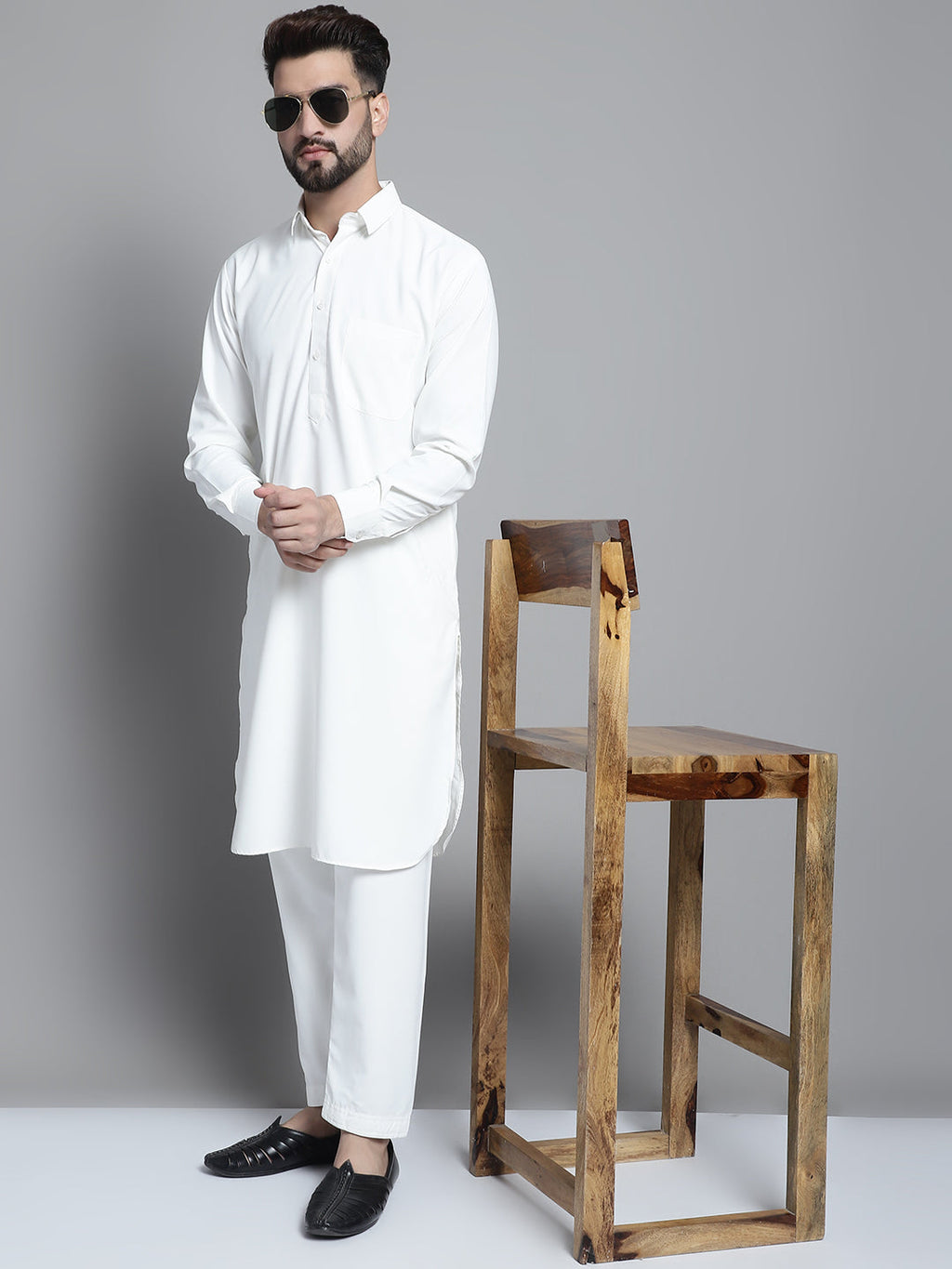 Jompers Men's White Cotton Solid Pathani Kurta with Salwar | Grocsy
