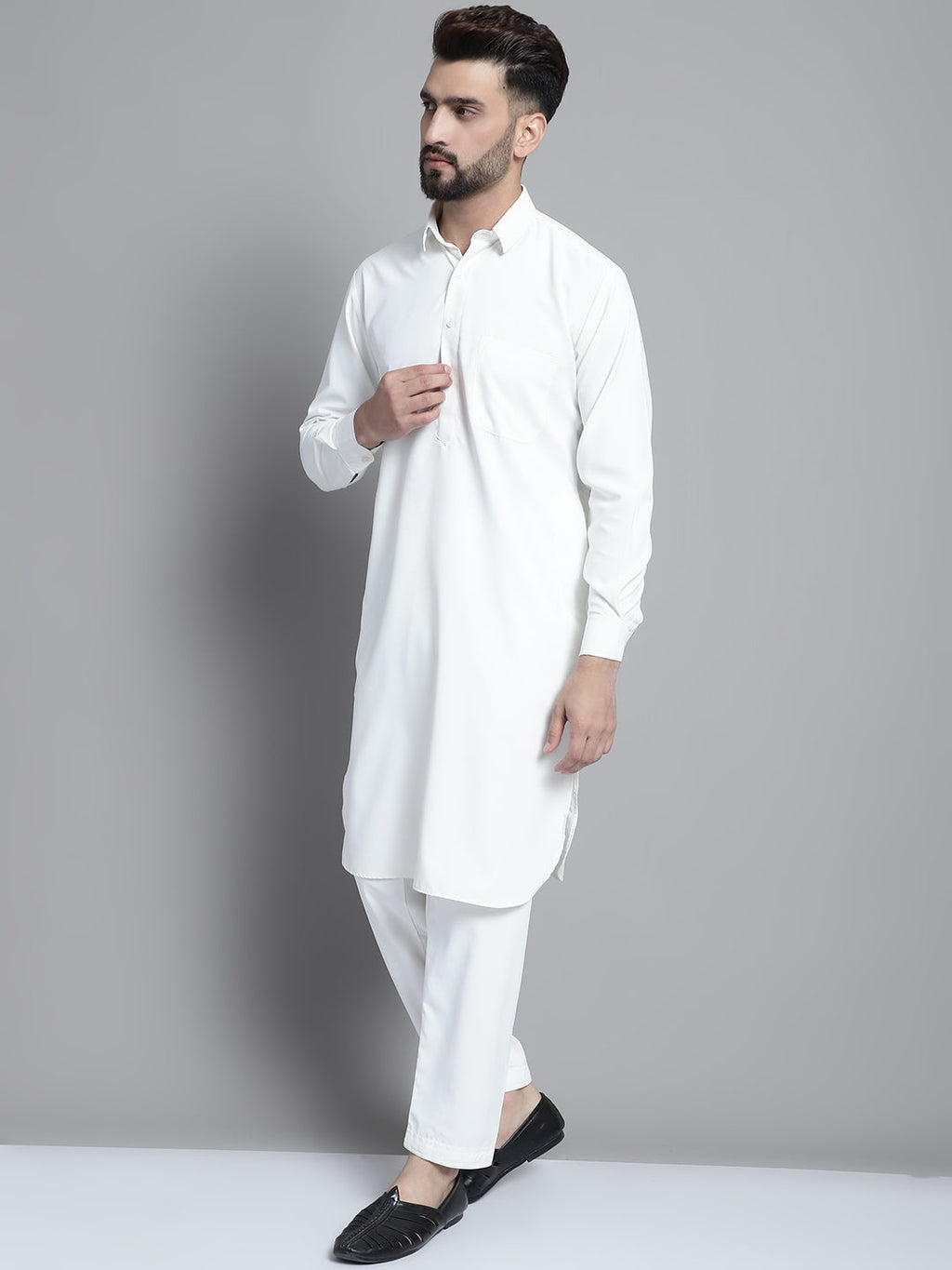 Jompers Men's White Cotton Solid Pathani Kurta with Salwar | Grocsy