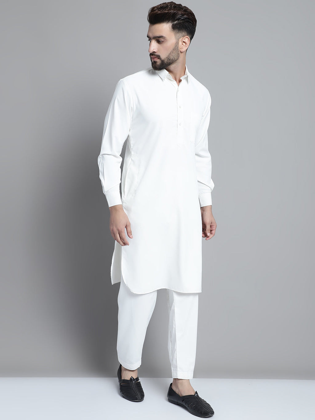 Jompers Men's White Cotton Solid Pathani Kurta with Salwar | Grocsy