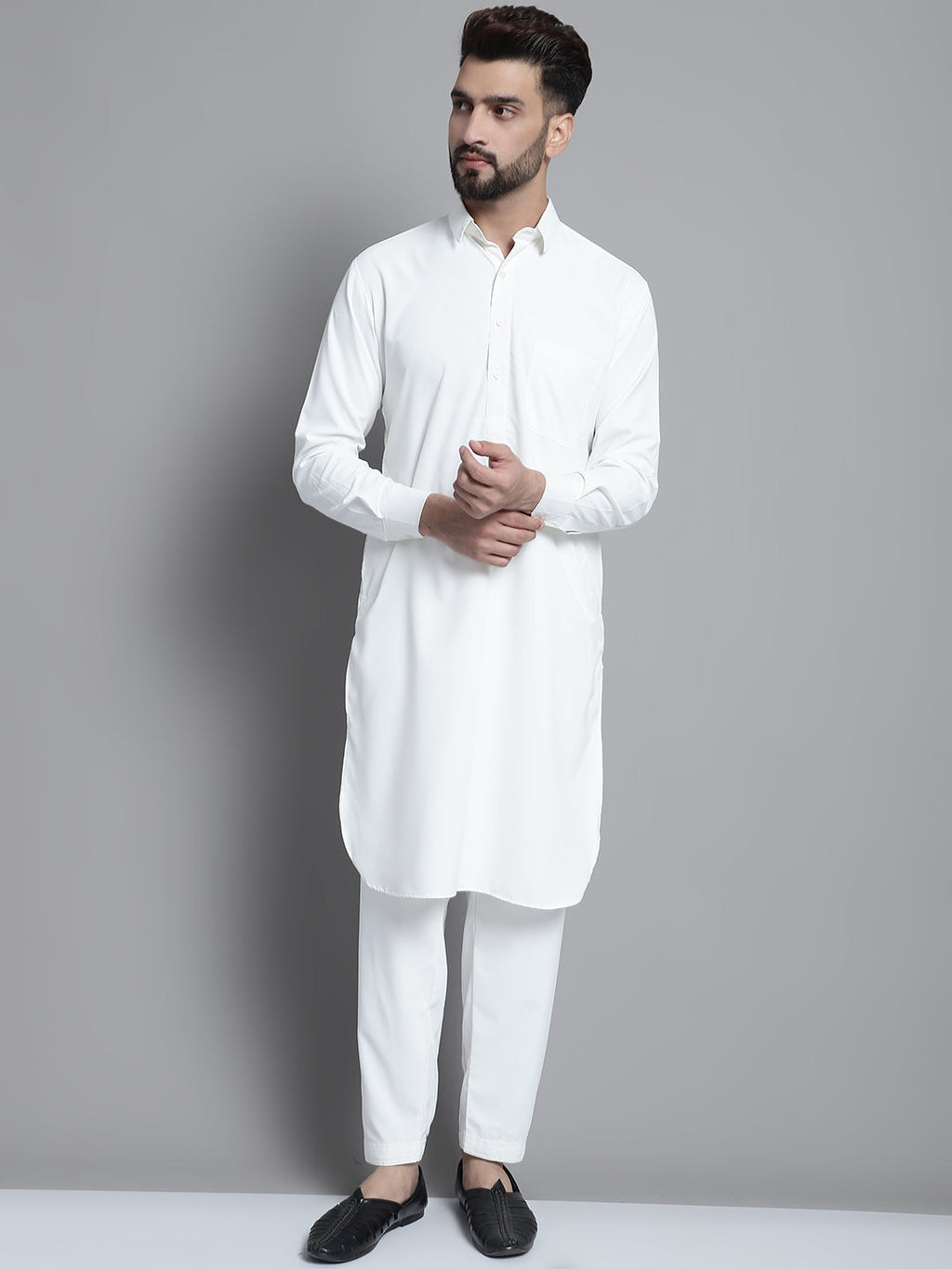 Jompers Men's White Cotton Solid Pathani Kurta with Salwar | Grocsy