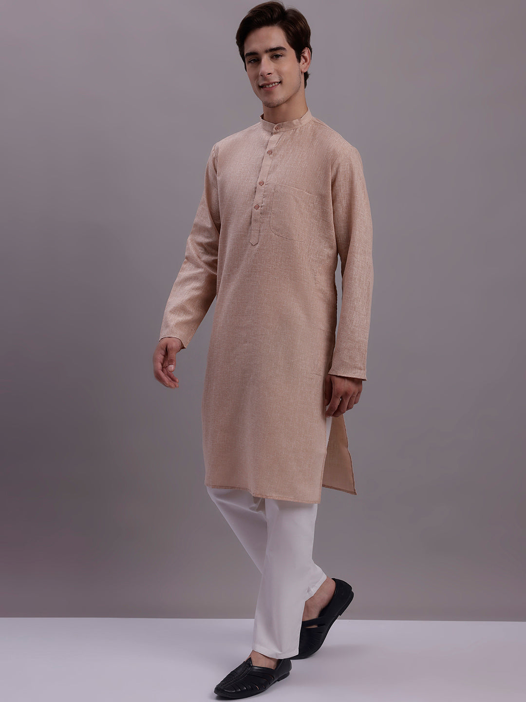 Jompers Men's Solid Pure Cotton Kurta With Pyjamas - Beige | Grocsy