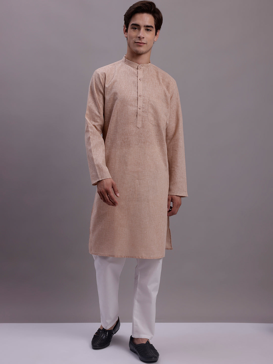 Jompers Men's Solid Pure Cotton Kurta With Pyjamas - Beige | Grocsy