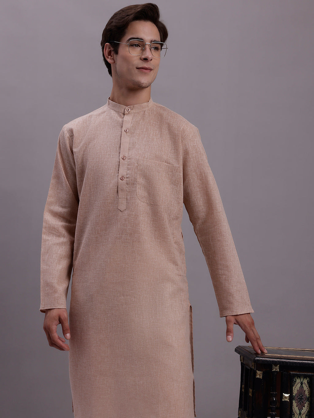 Jompers Men's Solid Pure Cotton Kurta With Pyjamas - Beige | Grocsy