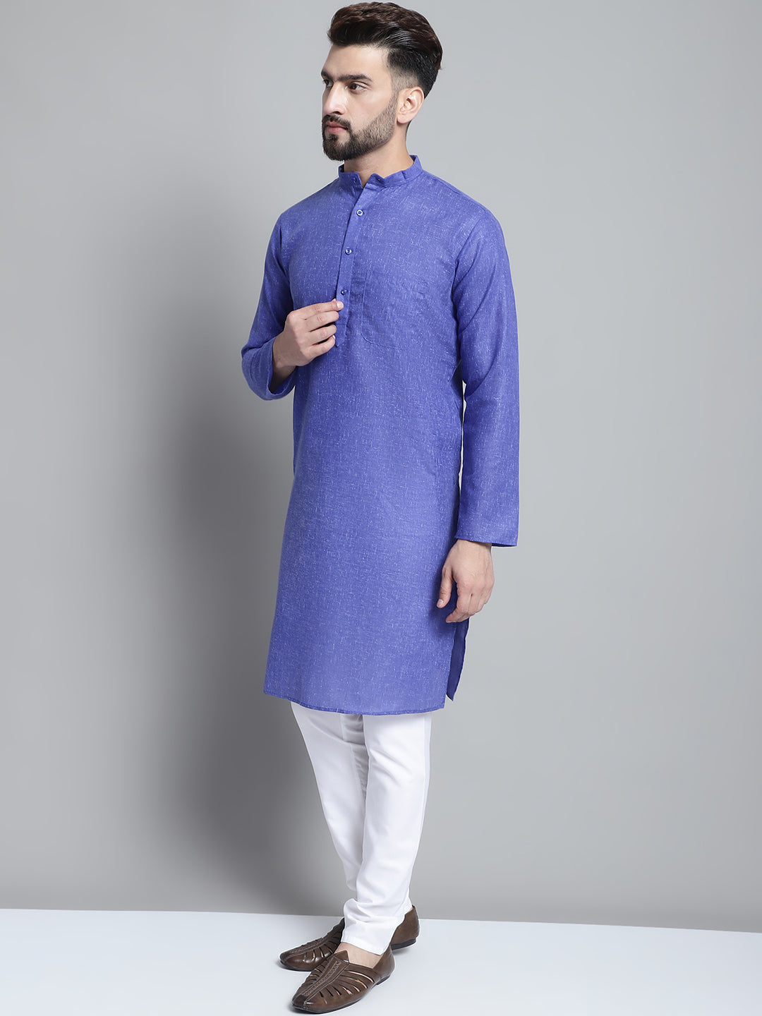 Jompers Men's Solid Pure Cotton Kurta With Pyjamas - Blue | Grocsy
