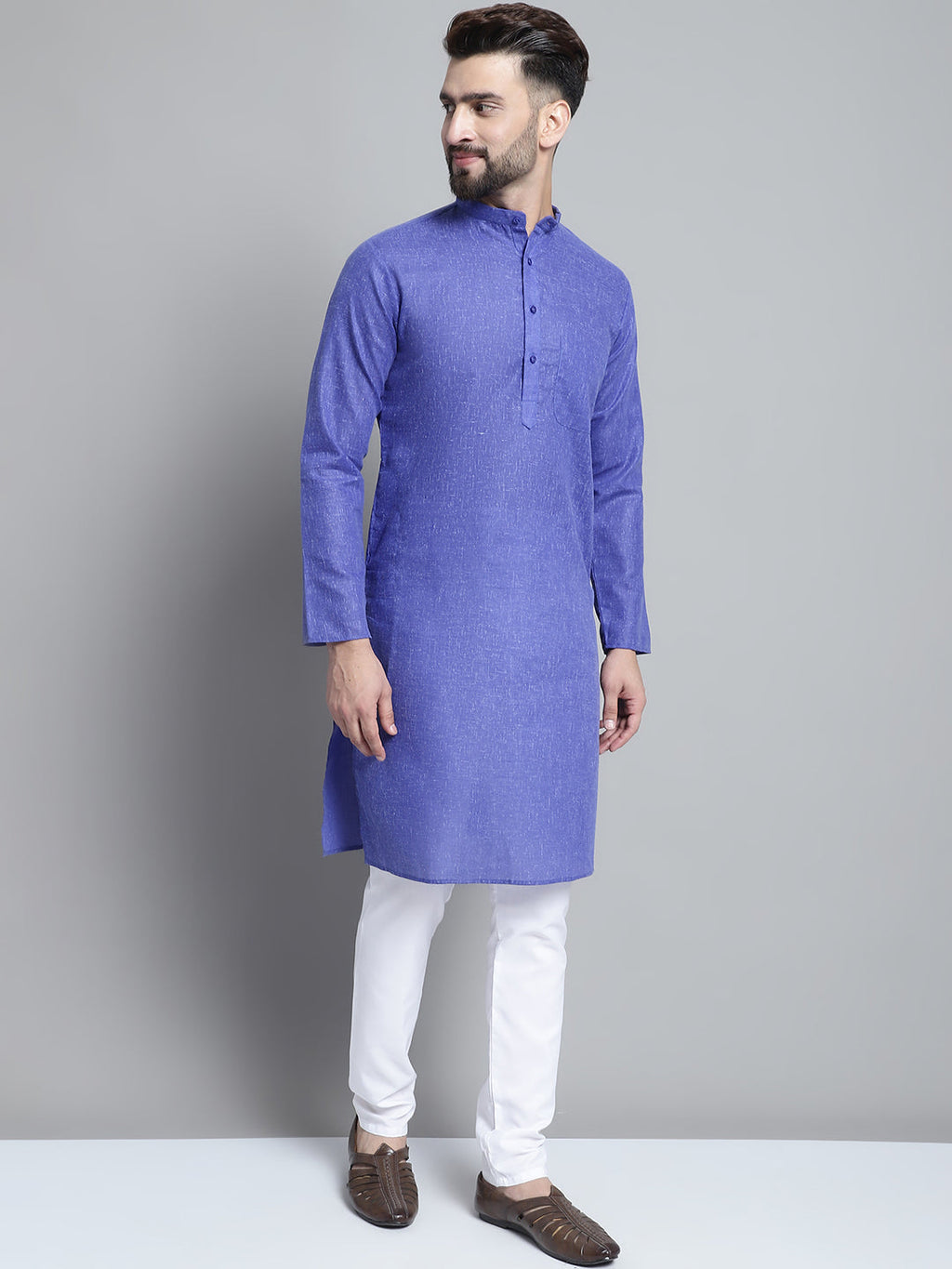 Jompers Men's Solid Pure Cotton Kurta With Pyjamas - Blue | Grocsy