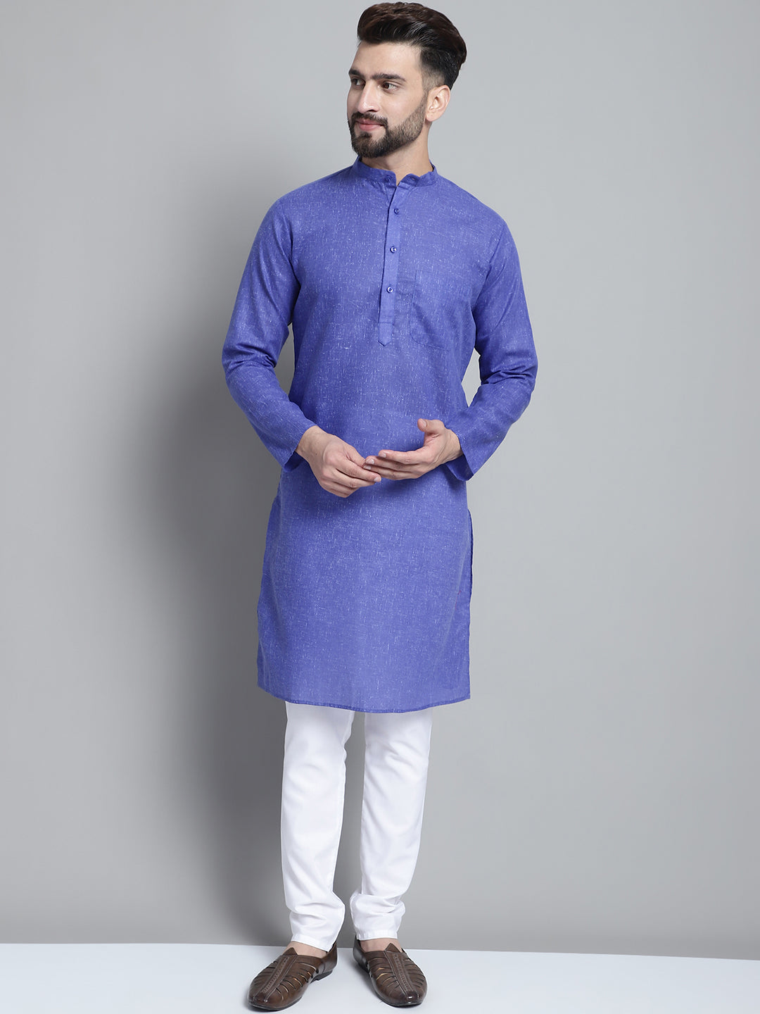 Jompers Men's Solid Pure Cotton Kurta With Pyjamas - Blue | Grocsy
