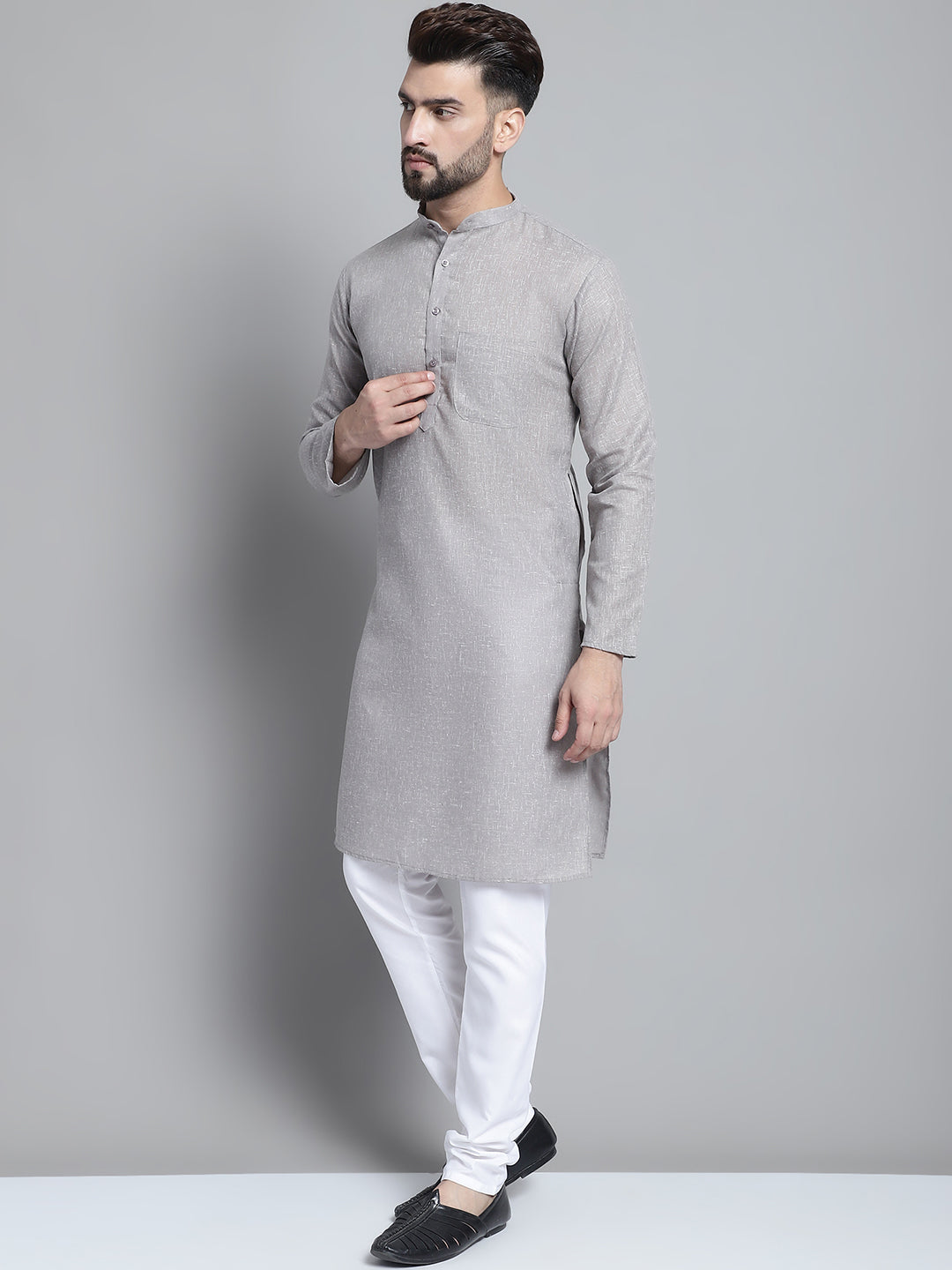 Jompers Men's Solid Pure Cotton Kurta With Pyjamas - Grey | Grocsy