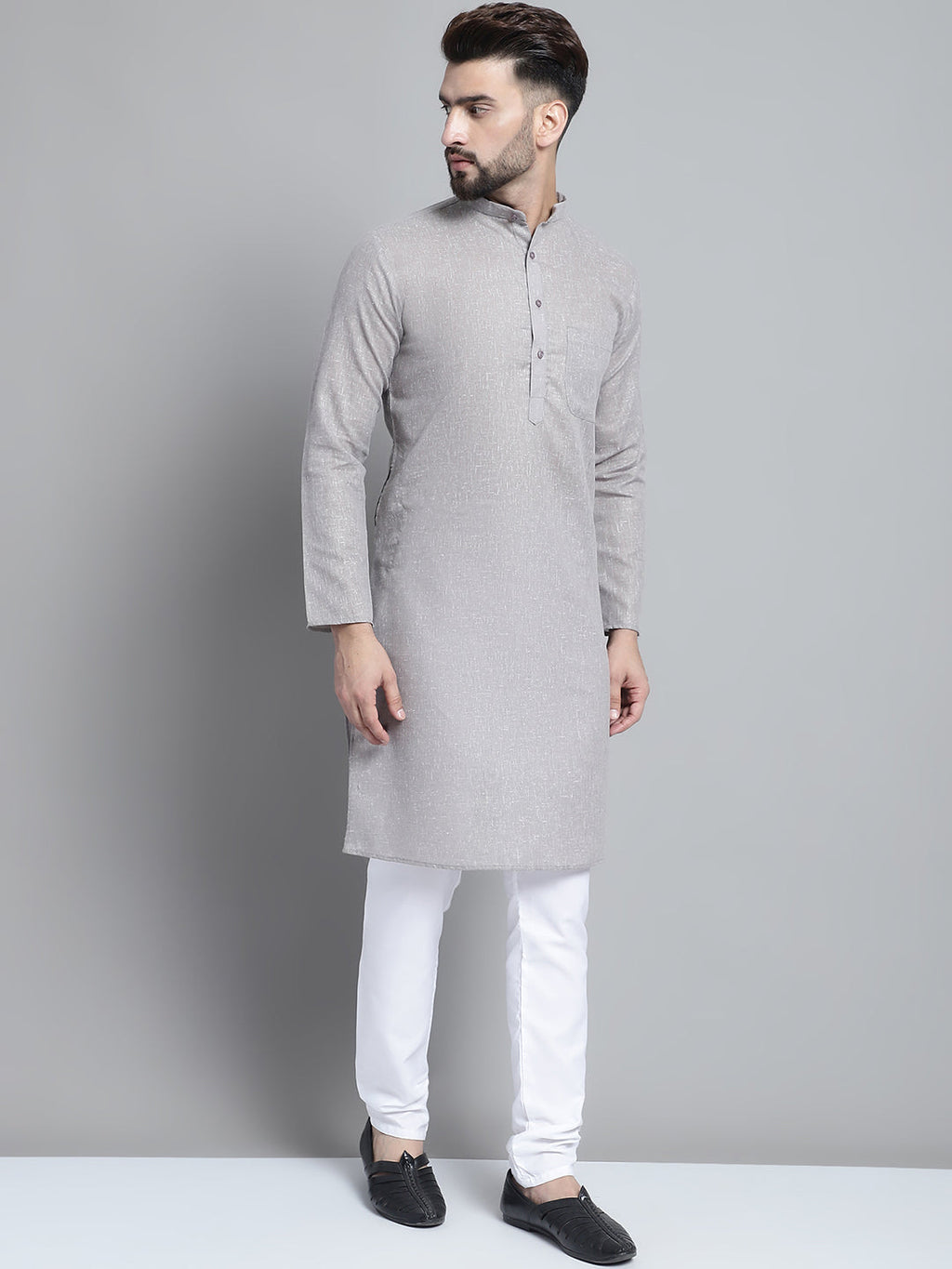 Jompers Men's Solid Pure Cotton Kurta With Pyjamas - Grey | Grocsy