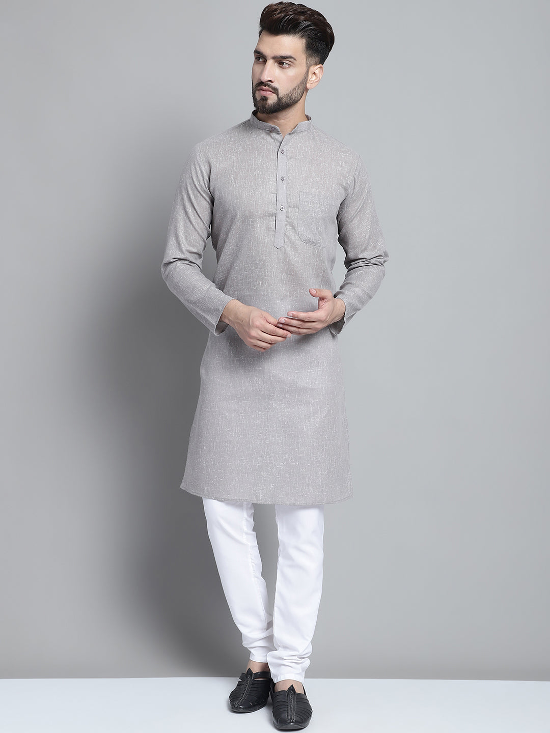 Jompers Men's Solid Pure Cotton Kurta With Pyjamas - Grey | Grocsy
