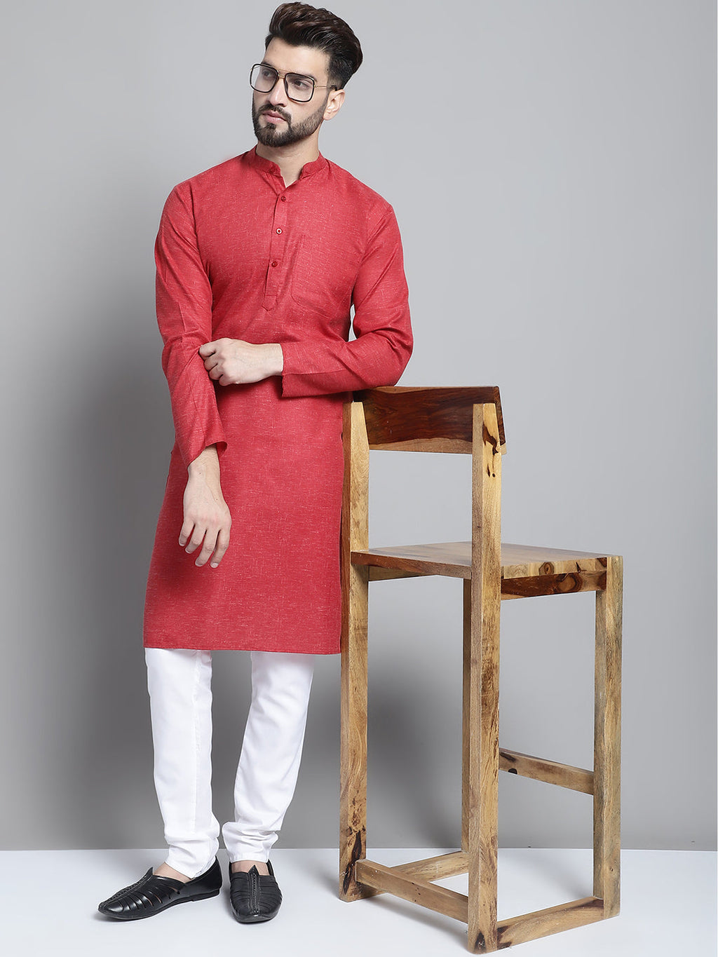 Jompers Men's Solid Pure Cotton Kurta With Pyjamas - Maroon | Grocsy