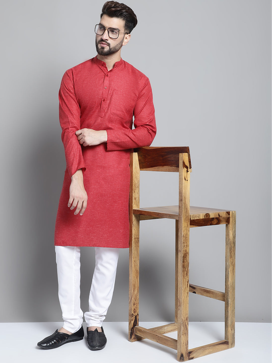 Jompers Men's Solid Pure Cotton Kurta With Pyjamas - Maroon | Grocsy