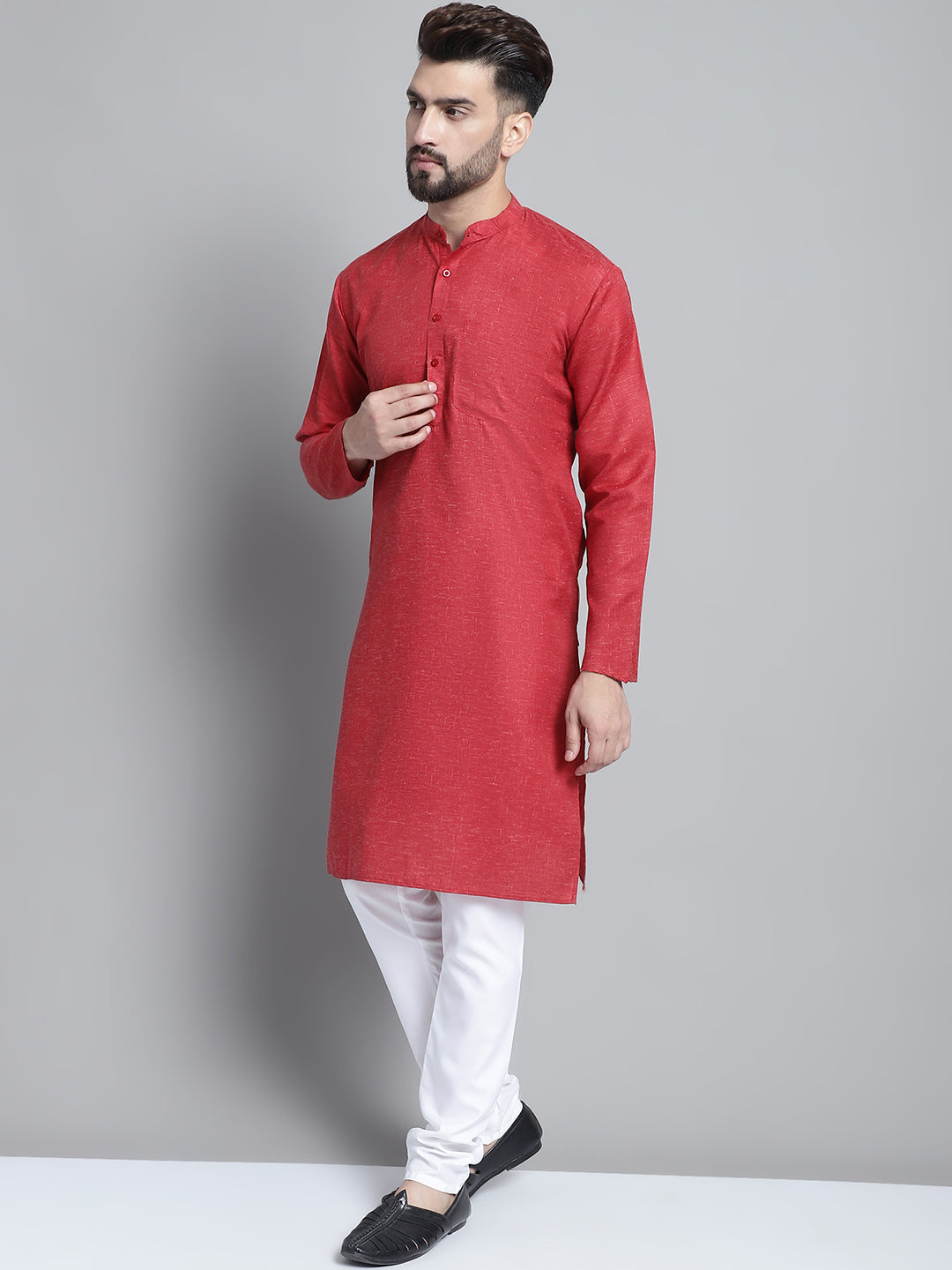Jompers Men's Solid Pure Cotton Kurta With Pyjamas - Maroon | Grocsy