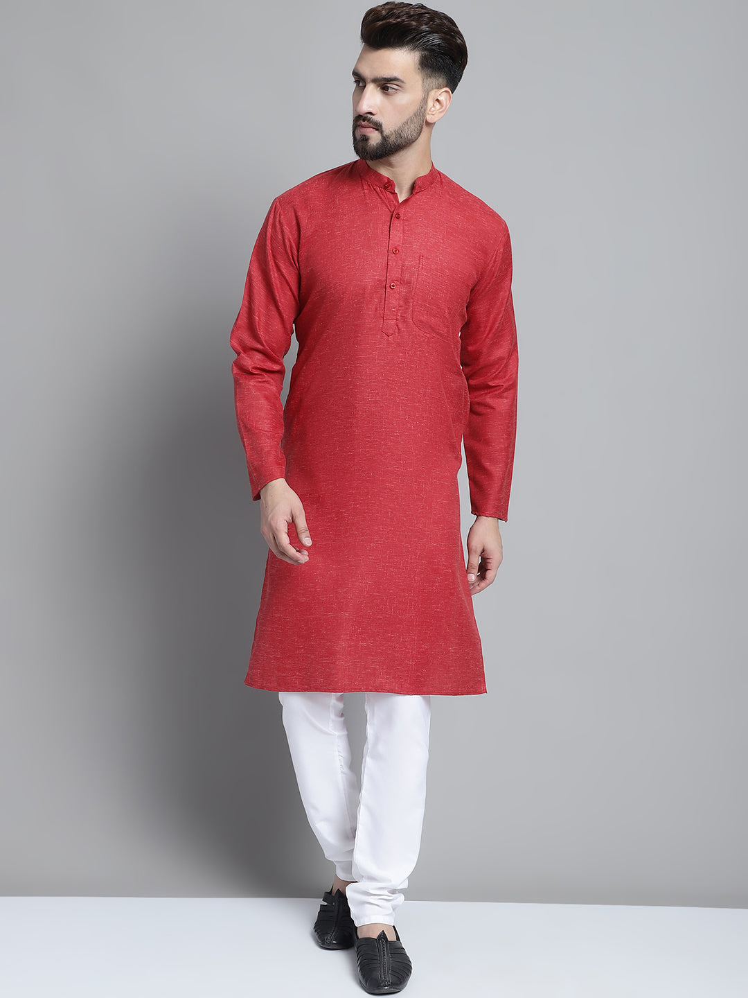 Jompers Men's Solid Pure Cotton Kurta With Pyjamas - Maroon | Grocsy