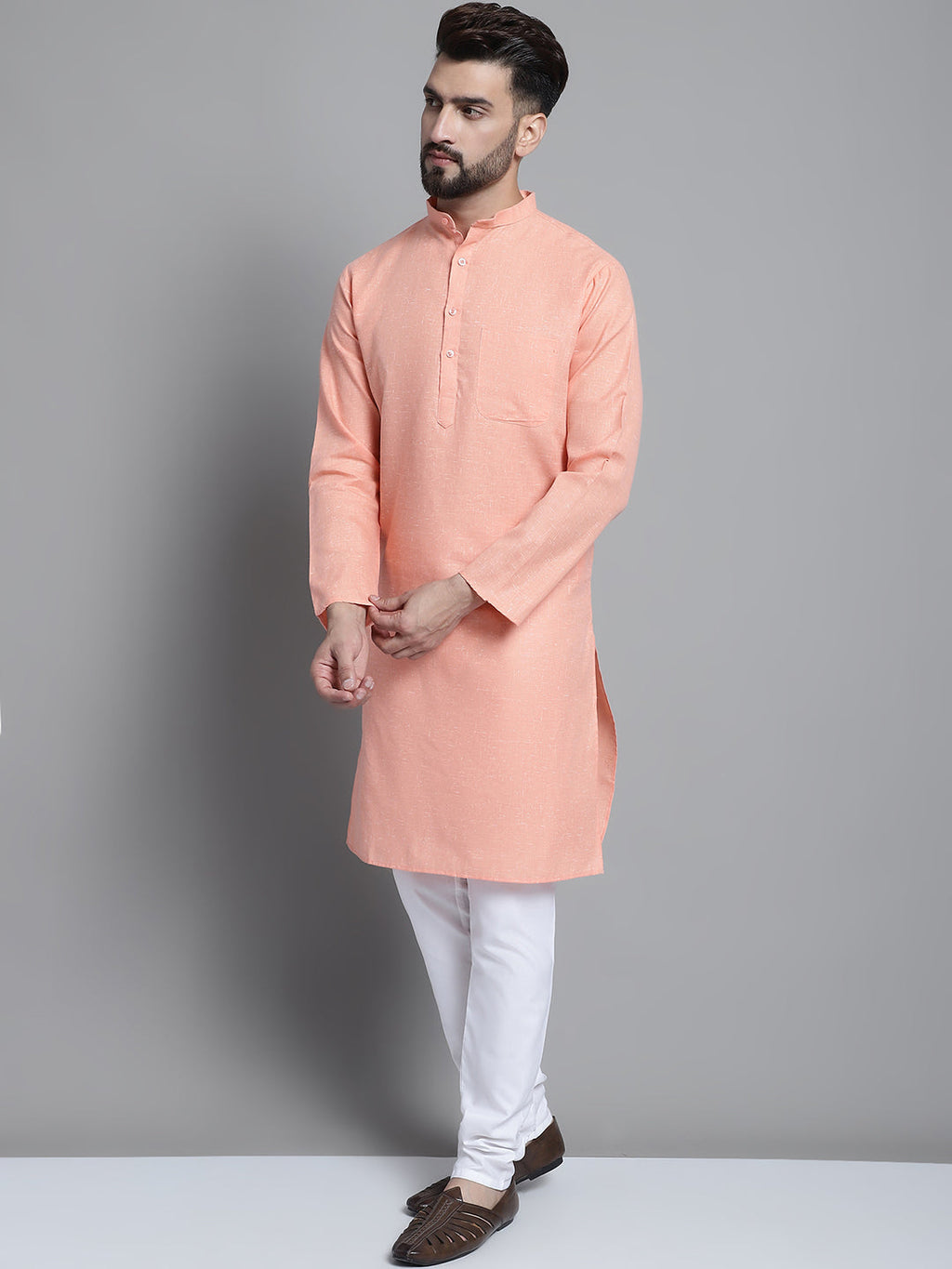Jompers Men's Solid Pure Cotton Kurta With Pyjamas - Peach | Grocsy
