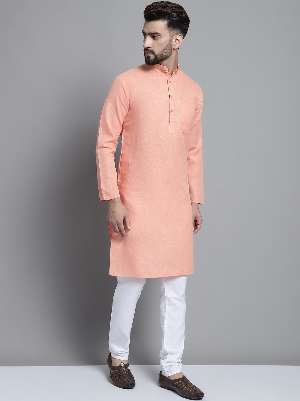 Jompers Men's Solid Pure Cotton Kurta With Pyjamas - Peach | Grocsy