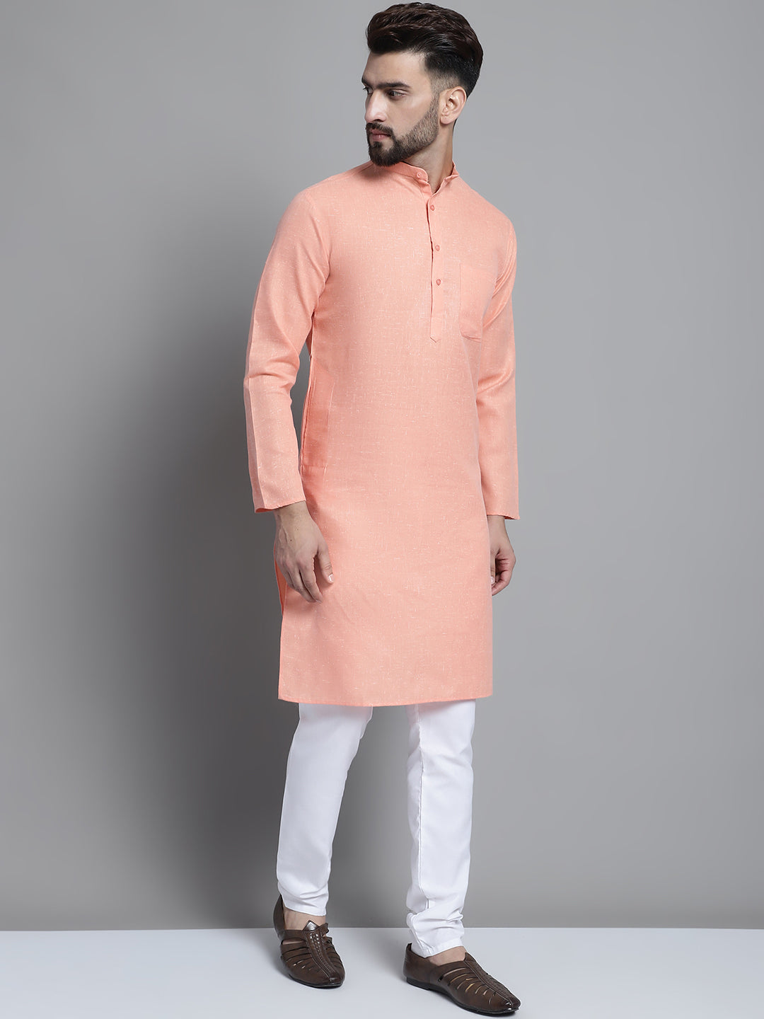 Jompers Men's Solid Pure Cotton Kurta With Pyjamas - Peach | Grocsy