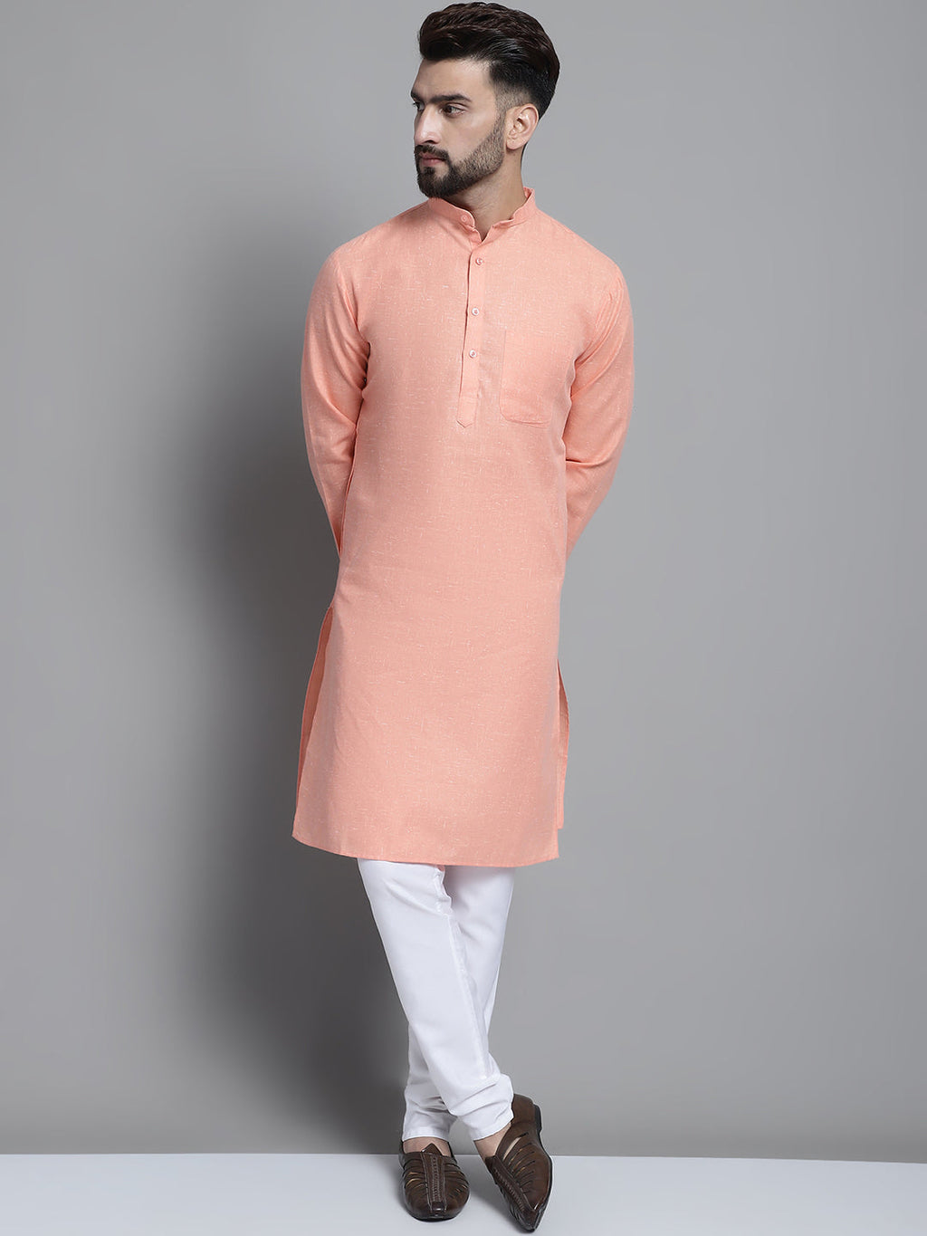 Jompers Men's Solid Pure Cotton Kurta With Pyjamas - Peach | Grocsy