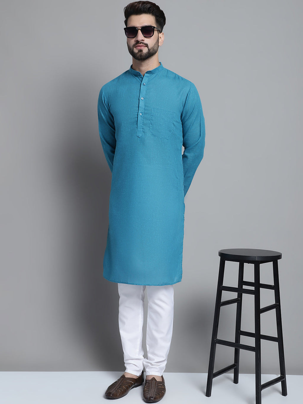 Jompers Men's Solid Pure Cotton Kurta With Pyjamas - Peacock | Grocsy