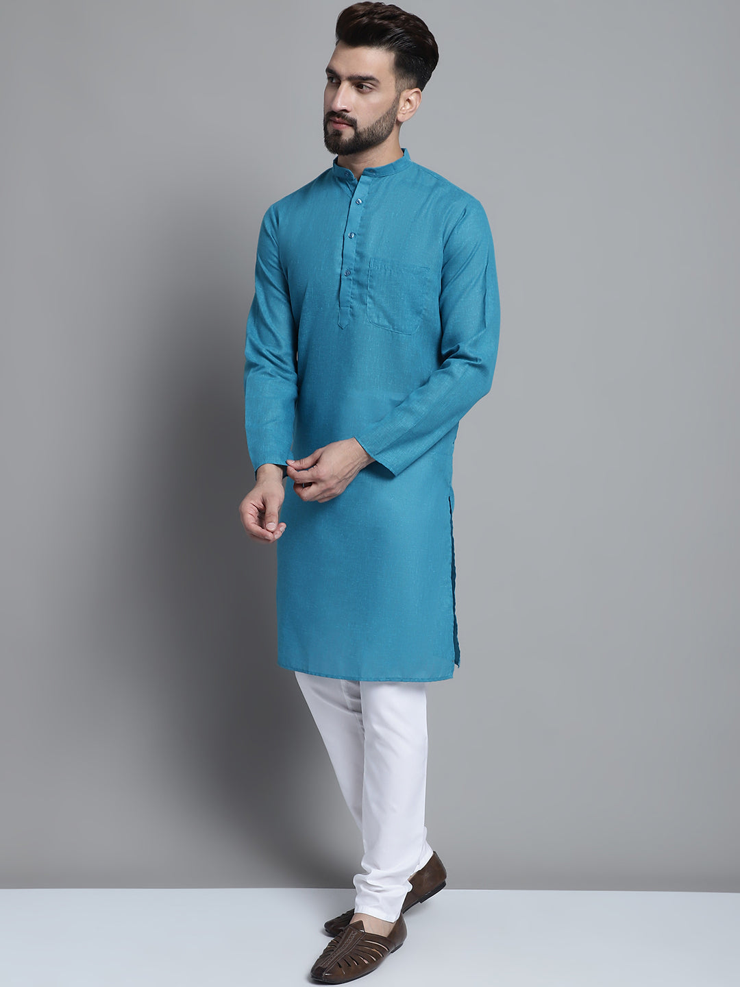 Jompers Men's Solid Pure Cotton Kurta With Pyjamas - Peacock | Grocsy