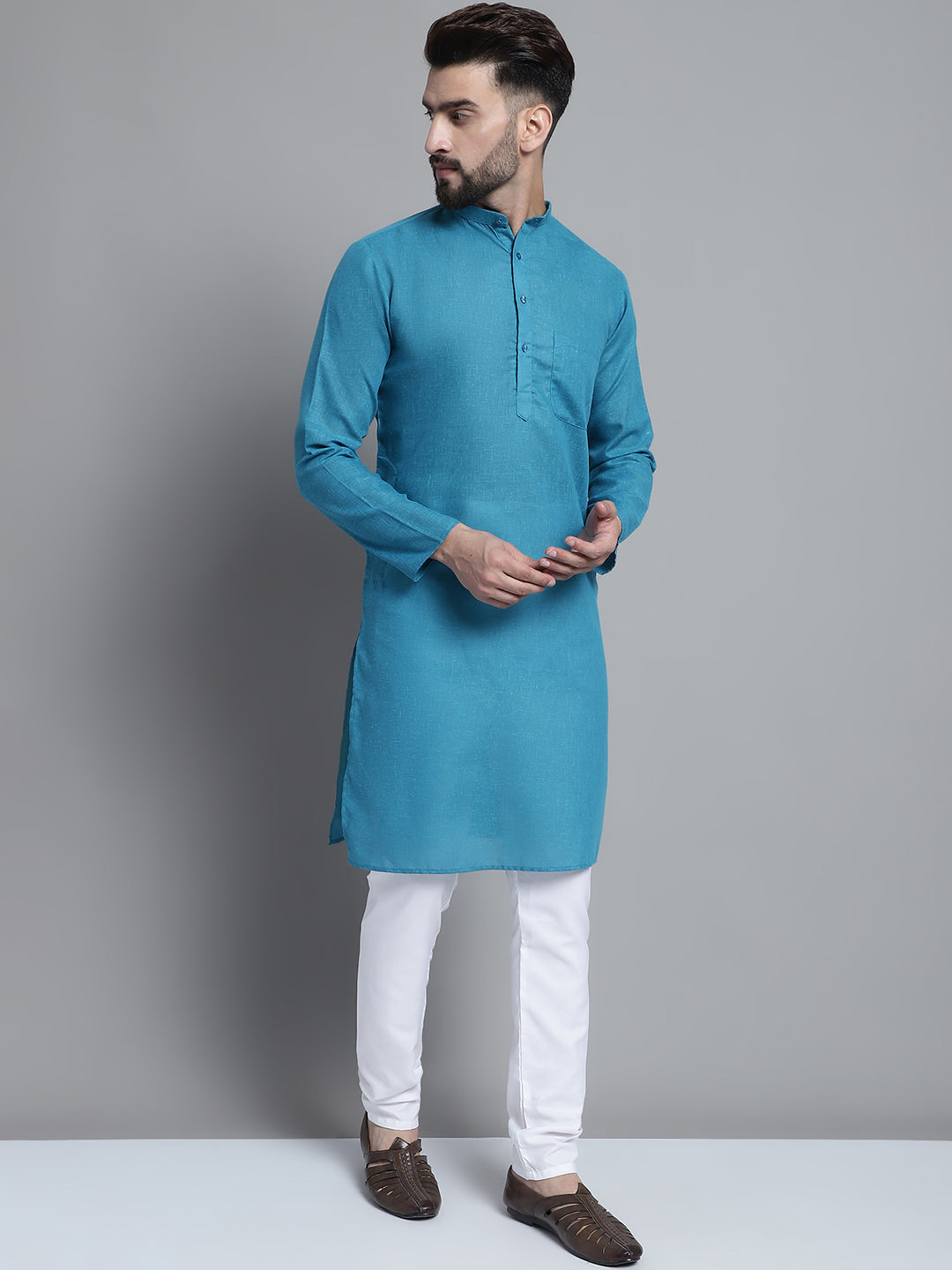 Jompers Men's Solid Pure Cotton Kurta With Pyjamas - Peacock | Grocsy