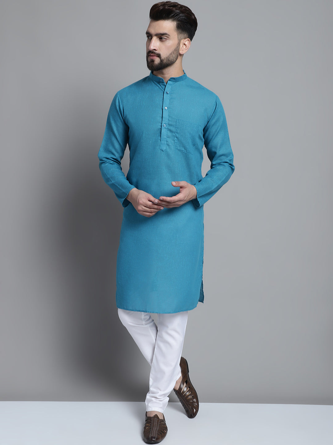 Jompers Men's Solid Pure Cotton Kurta With Pyjamas - Peacock | Grocsy