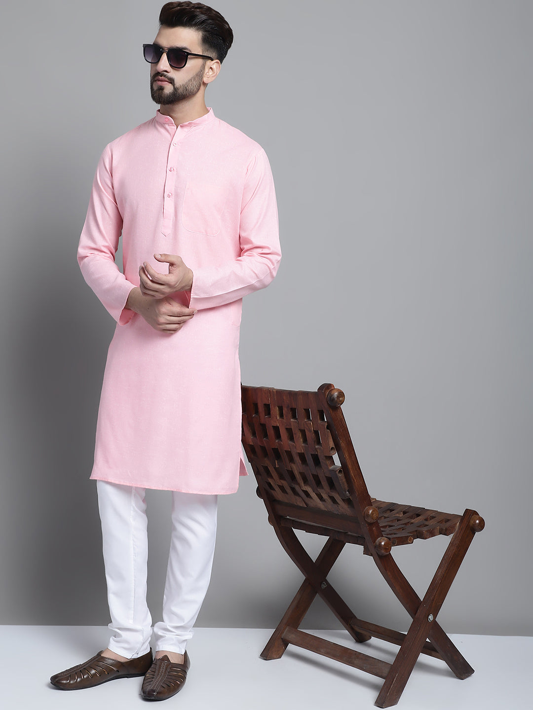 Jompers Men's Solid Pure Cotton Kurta With Pyjamas - Pink | Grocsy